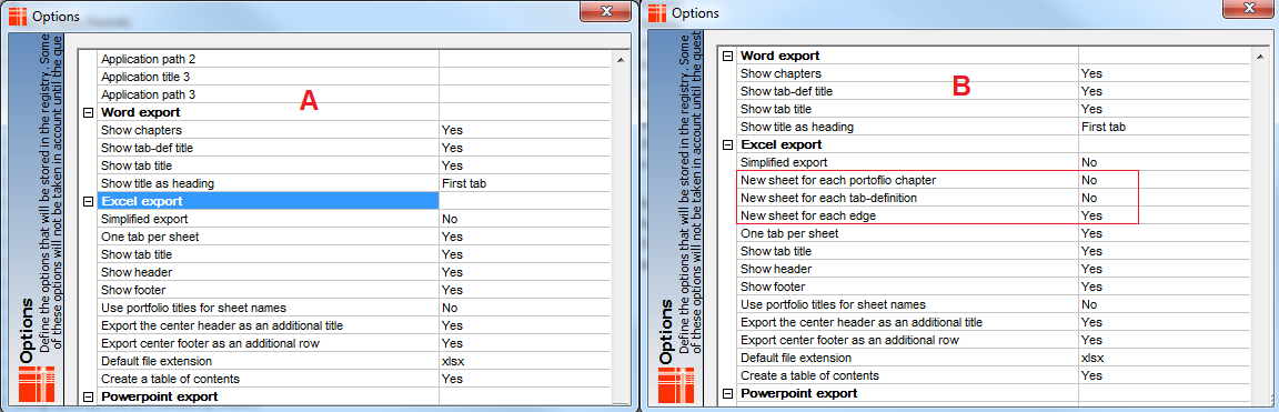 Excel export options Excel export options