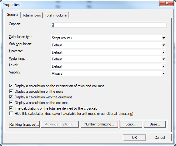 Script calculation properties in askiaanalyse